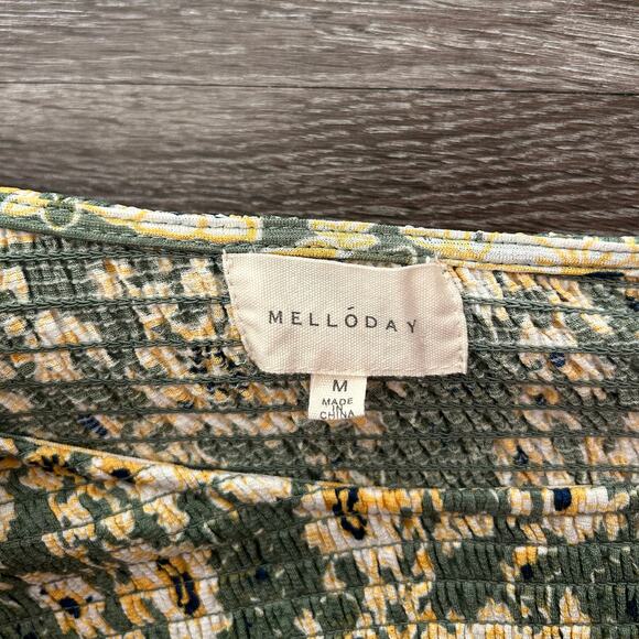 EUC Melloday Green Yellow Floral Smocked Peplum Top M Ruffle Sleeve Cottagecore - Picture 10 of 11